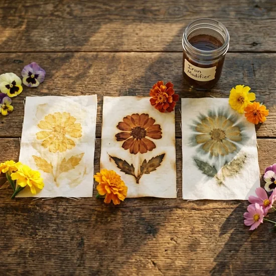 Module 4: Color and Variation, ecoprint swatches showing iron modifier color shifts