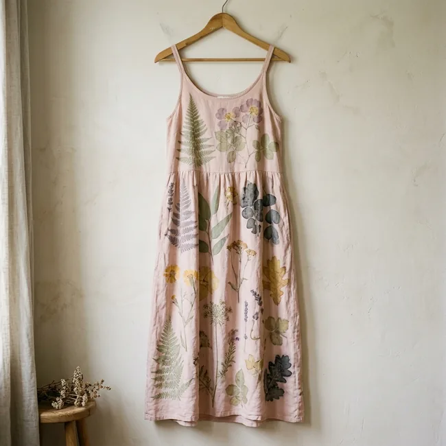 Avocado-dyed blush ecoprint sundress with sage green and iron-charcoal botanicals